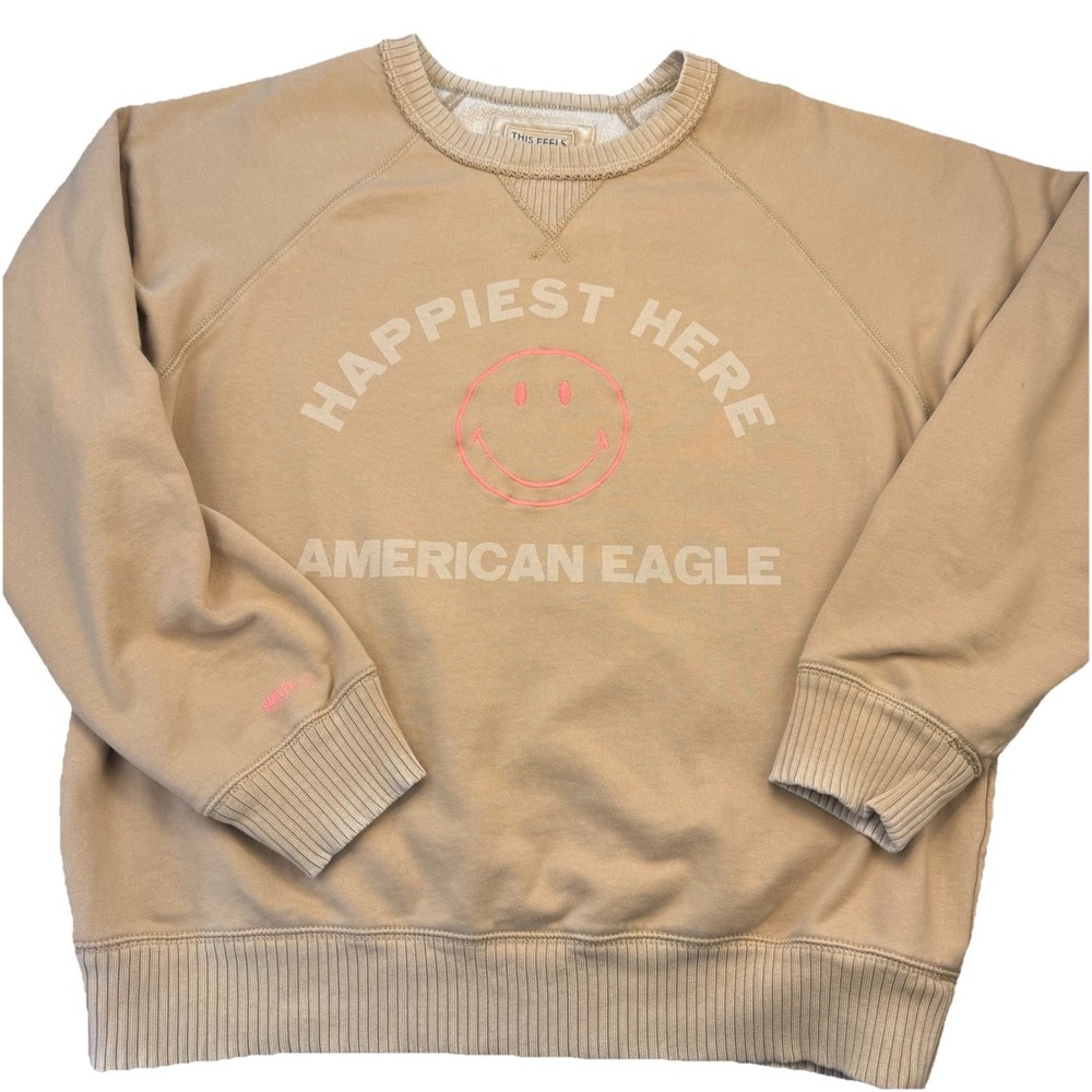 American Eagle‎ Sweatshirt Women's L Tan Lived-In Smiley Crewneck Oversized